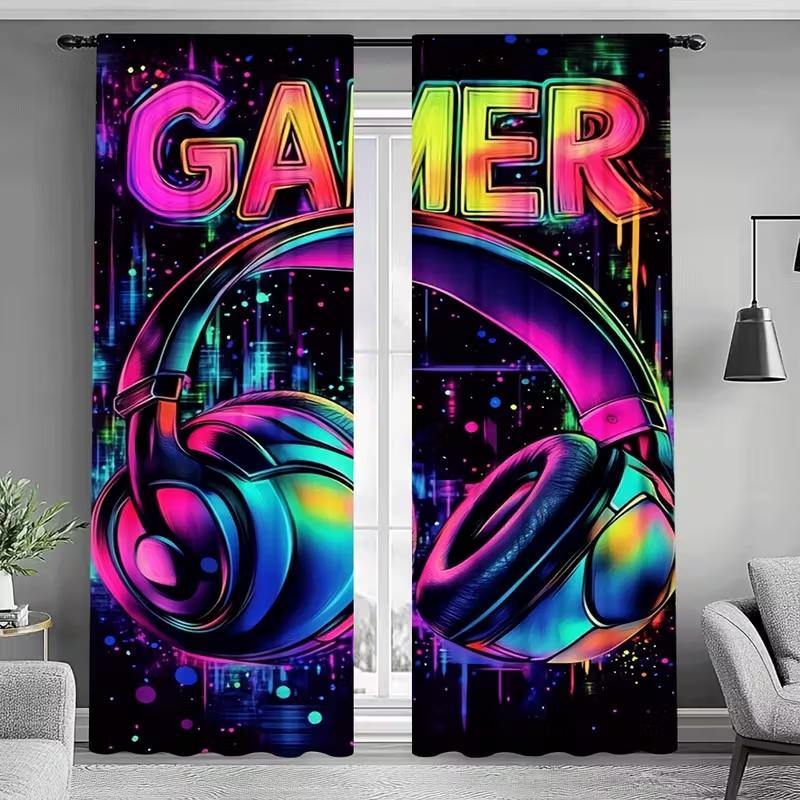 

2 шт. Неоновые игровые наушники Граффити Прозрачные шторы - Оконные шторы с игровым принтом для мужской комнаты Спальни 24x59in(60x150CM)x2&Rod Pocket