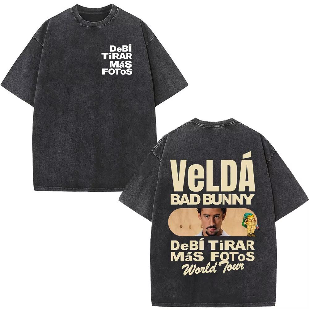 Rapper Bad Bunny Washed Vintage T-shirt Debi Tirar Mas Fotos DTMF World Tour T Shirts Men's Fashion Hip Hop T-shirts Streetwears