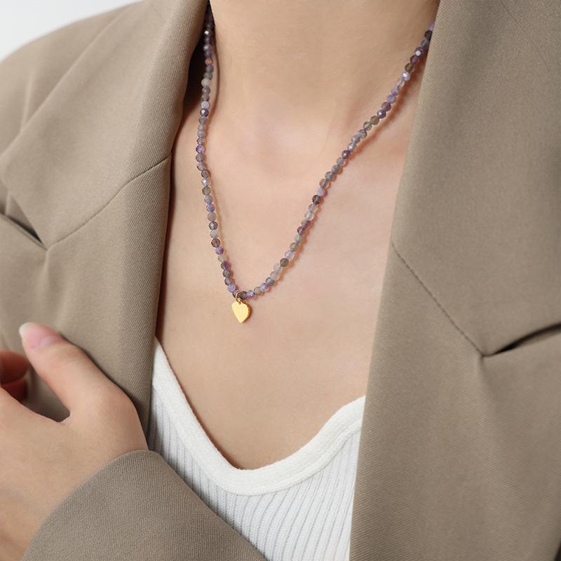 Purple Natural Stone Round Beads Beaded Handmade Necklace Heart Pendant Personality Temperament Jewelry