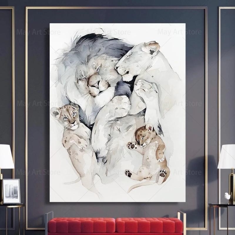Modern Animal Loving Lion Family Canvas Painting Posters  Prints Wall Art Pictures for Living Room Home Wall Decoration Cuadros