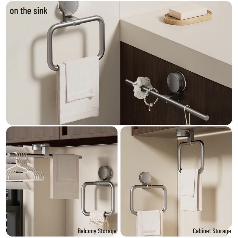 No-Drill Suction Cup Towel Rack and Shelf for Bathroom or Balcony Suction Cup Towel Ring - A Model - Charcoal Grey