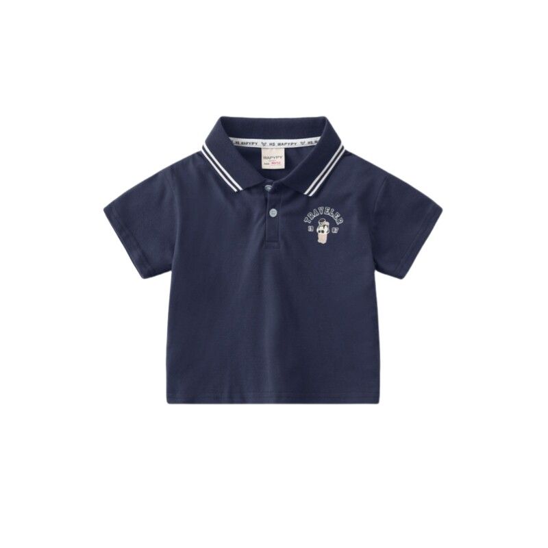 Boys  Short-Sleeved Polo Shirt, Summer Kids  Clothing, Baby Boy s Collared Shirt, Children s Striped Bear Letter Clothing Navy blue 120