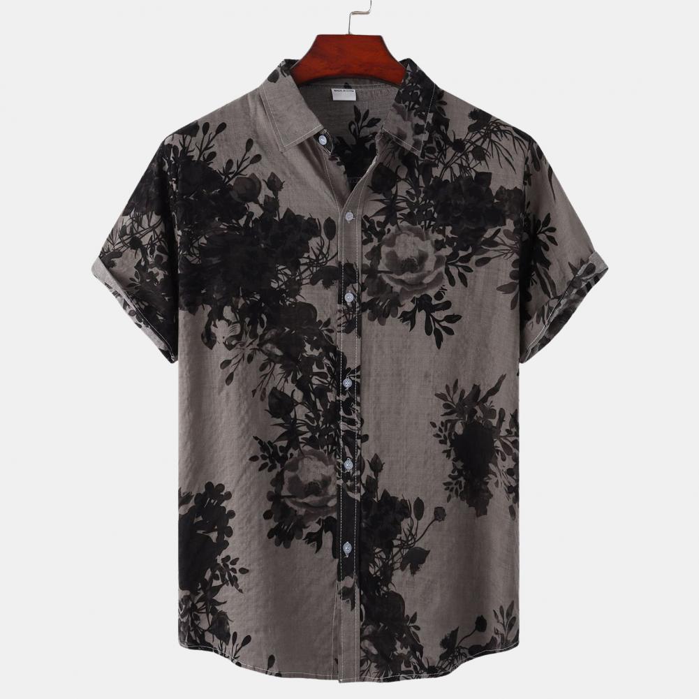 Summer Men Shirt Vintage Floral Print Turn-down Collar Single-breasted Short Sleeves Loose Cardigan Buttons Mid Length Top