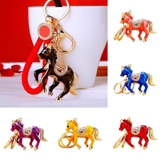 Keychain Pendant Double-Sided Rhinestone Chinese Zodiac Fortune-Attracting Horse Key Chain Metal Handbag Charm