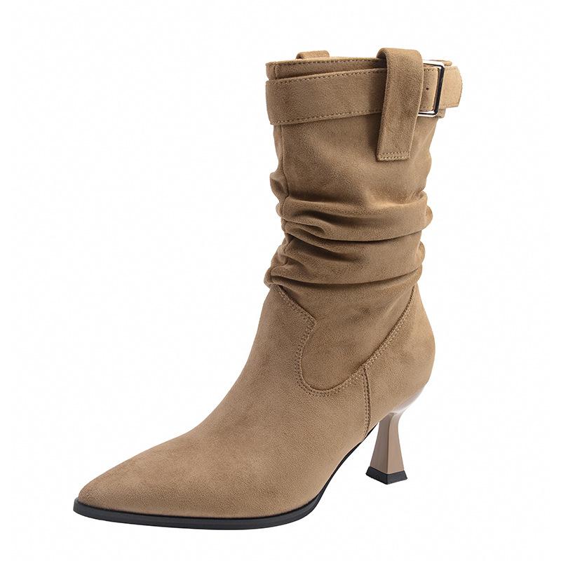 

large tube circumference long boots women s pile boots high heel short boots autumn and winter new fat feet large size women s shoes 44