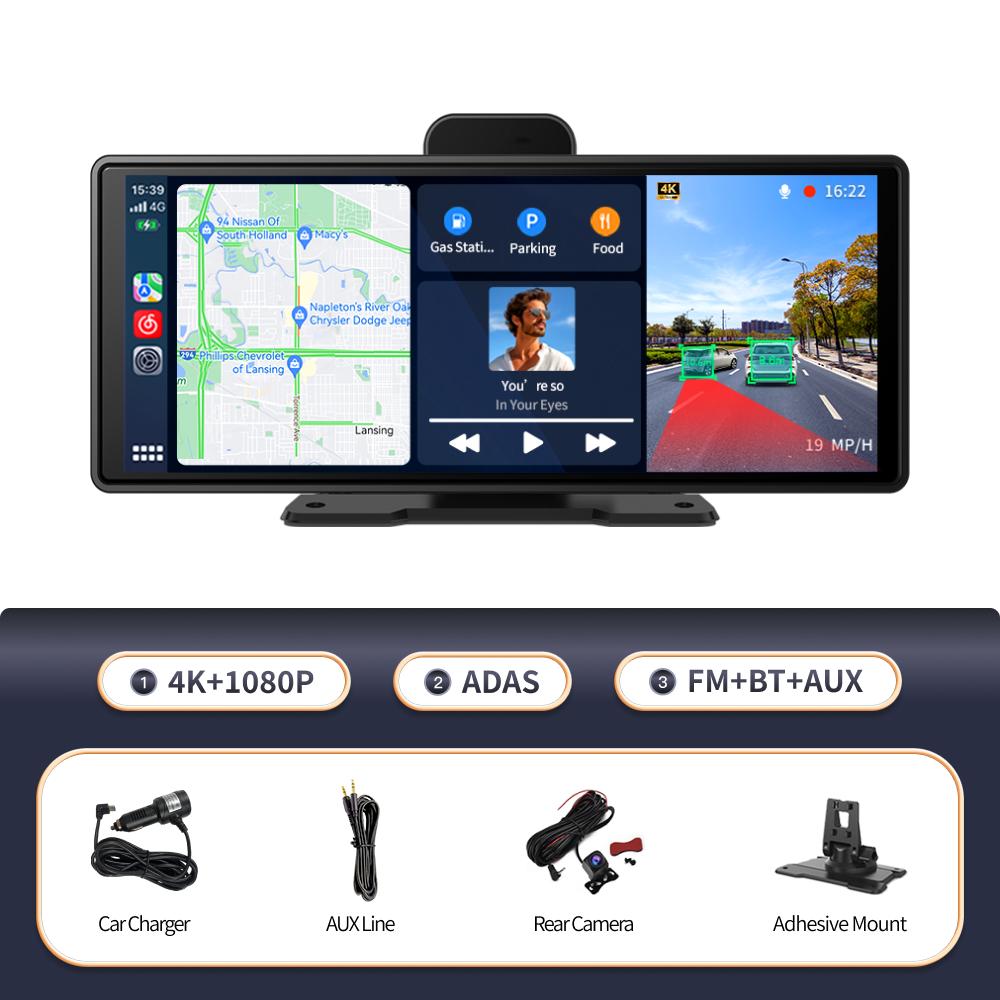 Imagebon 10.26" Dash Cam 4k Wireless Carplay Android Auto Adas GPS Navigation Car DVR Voice Control Dual Recording Cam