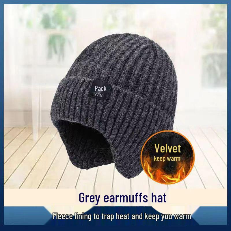 Elderly Men's Thick Knit Winter Hat with Ear Protection
