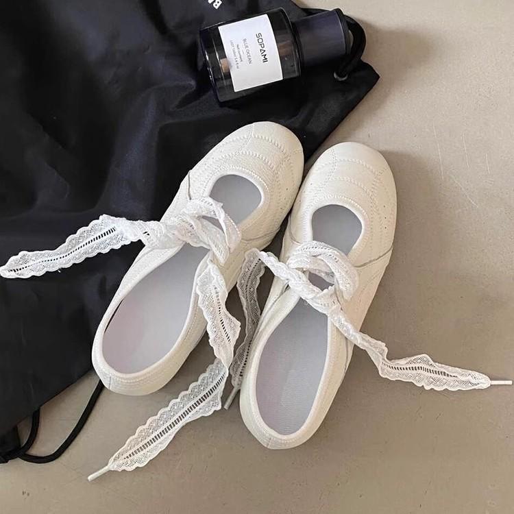 French stunning lace-up ultra-soft leather little white shoes women's round head casual versatile soft-soled ballet Mary Jane shoes women