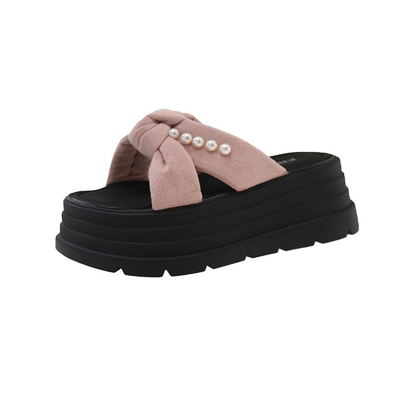 Pearl cross cool slippers women's summer wear popular new round head with skirt thick-soled beach slippers