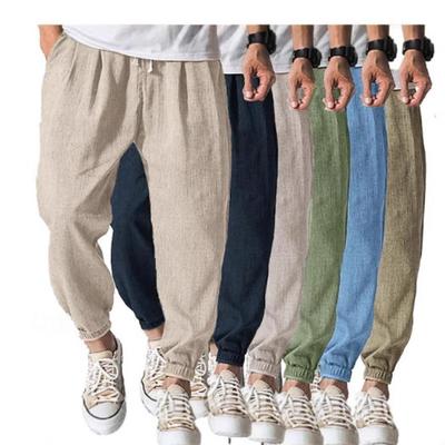 Cotton and Linen Nine Cropped Pants Beach Pants Pocket Drawstring Elastic Waist Solid Color Comfortable and Breathable Men’s Casual Pants