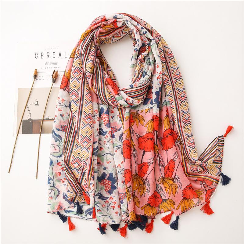 Japanese-Style Cotton & Linen Bohemian Scarf - Cashew Print and Silk Blend, Retro Artistic Design, Sunscreen Towel