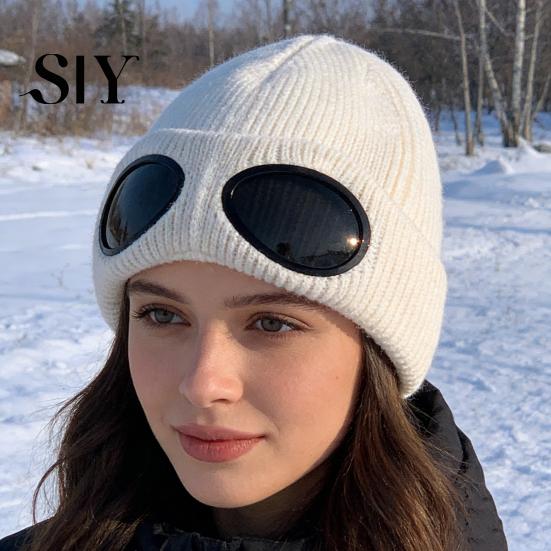Outdoor Winter Hat Knitting Solid Color Warm Knitted with Glasses Decor Elastic Windproof Travel Cycling Daily Wear