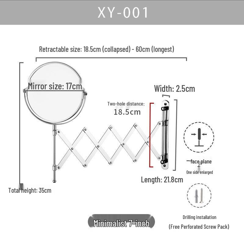 Retractable Wall-Mounted Double-Sided Folding Makeup Mirror for Bathroom Flat + 2x Magnification