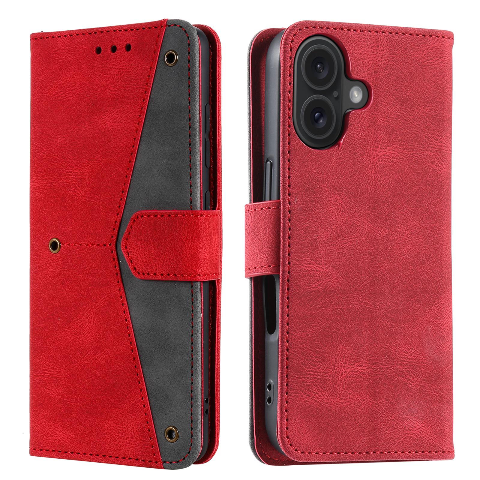 

For iPhone 16 Plus Case Splicing Stitching Leather Wallet Phone Cover F