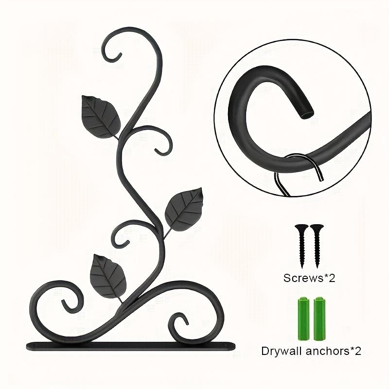 2pcs Black Wrought Iron Plant Hanger with Leaf Design - Easy Install Wall Bracket for Hanging Flower Baskets, Bird Feeders