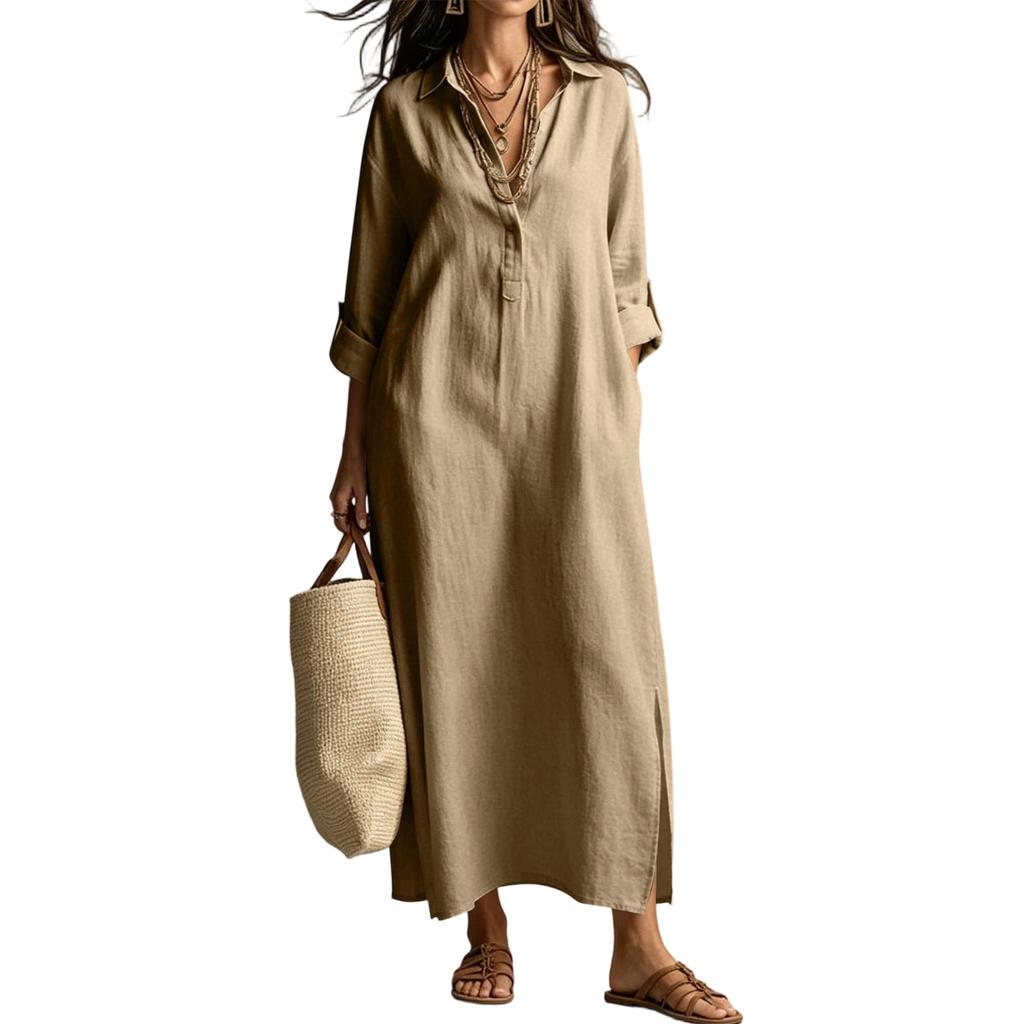 Women’s Long Sleeve Shirt Dress Linen Cotton Collared Maxi Dress Loose Fit Spring Summer Casual Style