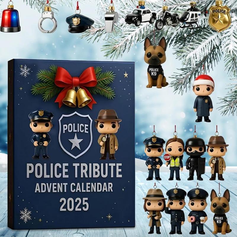 2D Plochý Akrylový Vzpomínkový Adventní Kalendář Policie 2025, 24 Dní Vánoční Odpočítávací Kalendář s 24 Dekoracemi s Policejní Tematikou, Vánoční Dárek pro Policii
