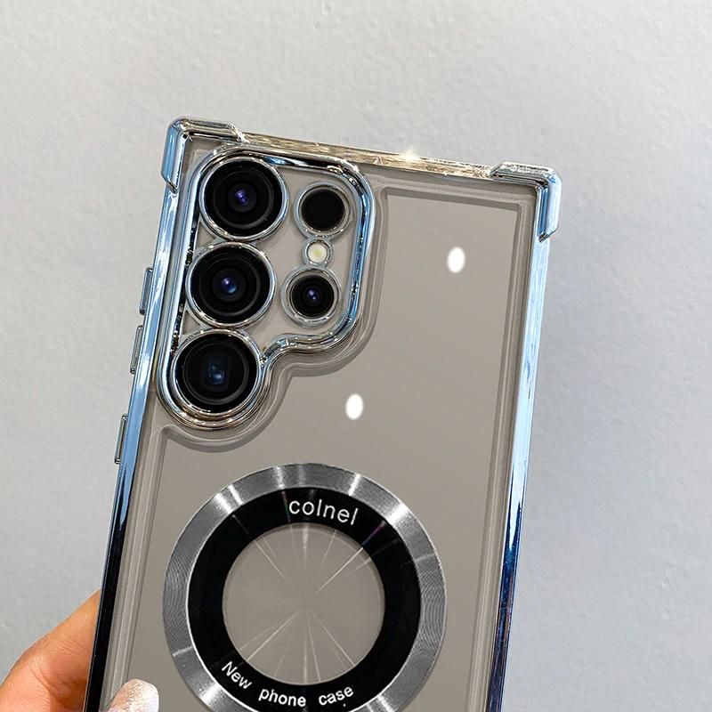 Luxury Plating Magnetic Wireless Charge Case For Samsung S25 S24 Ultra S23 FE S22 Plus Clear Shockproof Camera Protection Cover