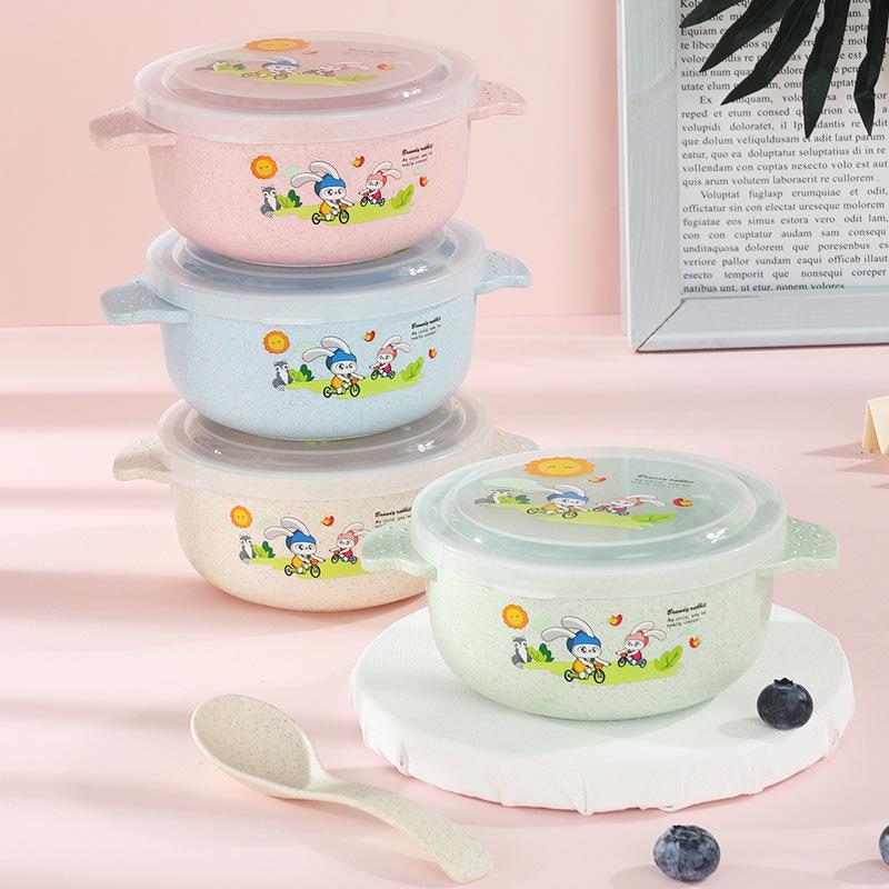 

Wheat Straw Cartoon Double-Ear Anti-Scald Bowl Set with Spoon for Kids Nordic Pink (with Spoon)