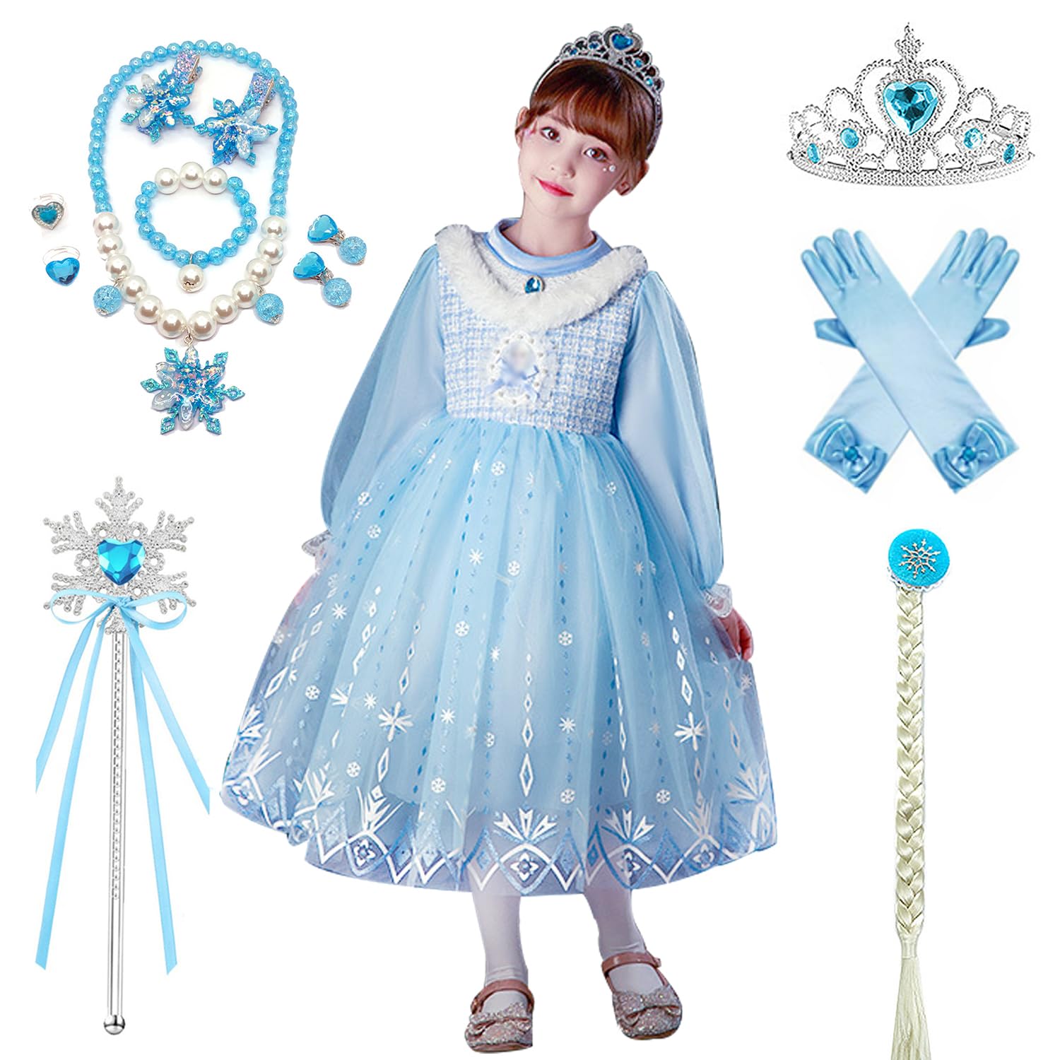 

KOCEKID Frozen Elsa Dress, Long Sleeves, FallWinter Wear, Elsa Cosplay Costume, Kids Disney Princess Dress, ChristmasBirthday Gift, Includes Crown,