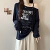American Plus Size One-Shoulder Letter Print Long Sleeve Women's T-shirt - 2025 Autumn, New Loose Slimming Trendy Top