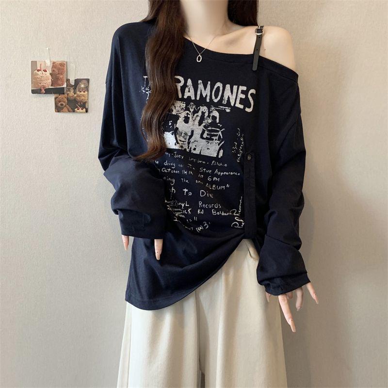 American Plus Size One-Shoulder Letter Print Long Sleeve Women's T-shirt - 2025 Autumn, New Loose Slimming Trendy Top