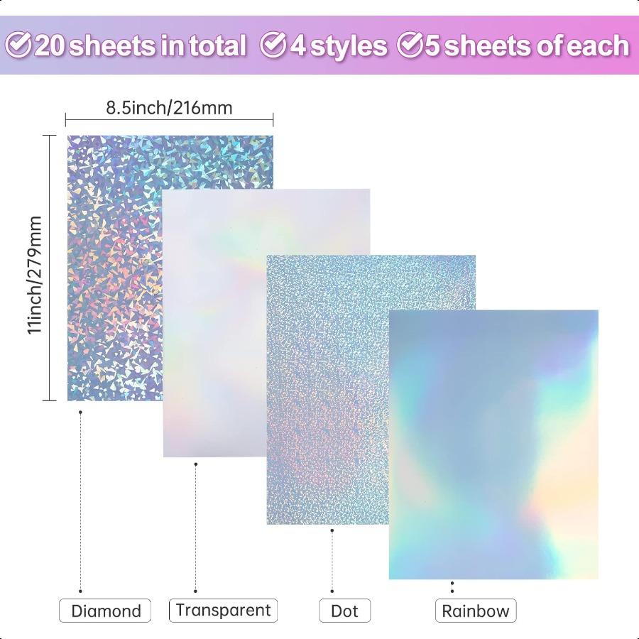 20 Sheets Holographic Sticker Paper for Inkjet and Laser Printer 8.5x11 Inch Printable Vinyl Holographic Sticker Paper SelfAdhe