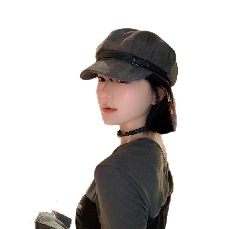 Vintage belt buckle, suede beret, women's literary and versatile, big head circumference shows face, small clouds, painter hat tide