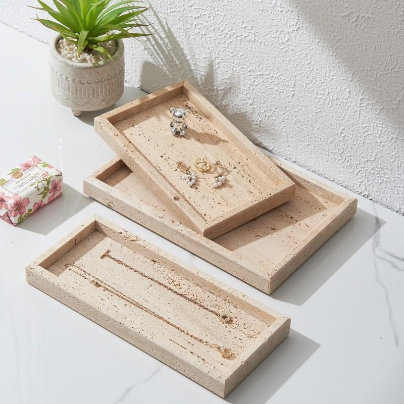 Nordic Beige Travertine Marble Tray: Light Luxury Entrance Hall Decoration & Jewelry Storage Ornament
