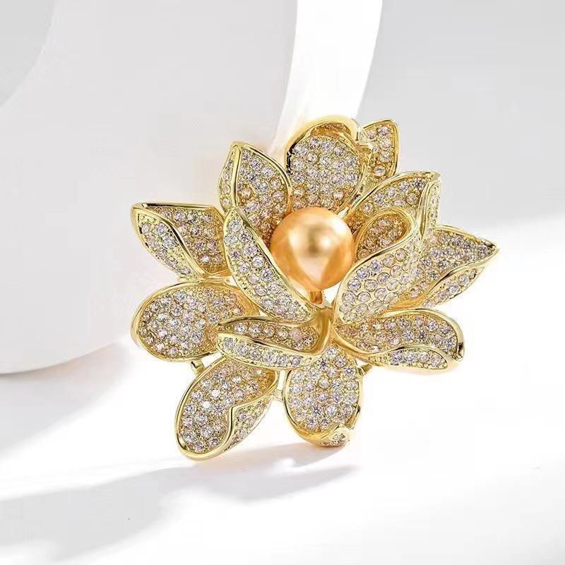 Elegant Pearl and Rhinestone Peony Brooch - Chic Fashionable Lapel Pin Accessory