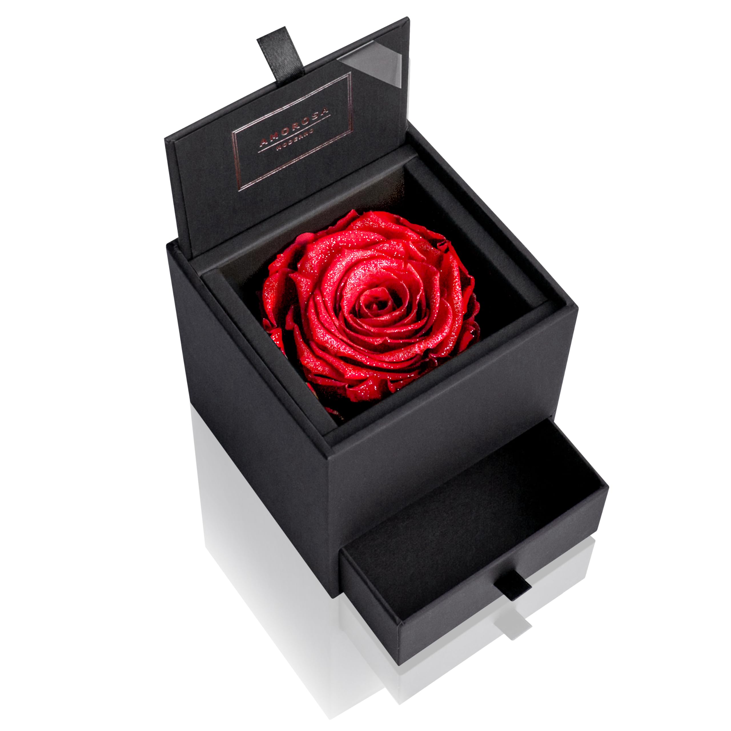 

AMOROSA Стабілізована Квітка Діамантова Троянда Коробка 90 Тип Шухляди Яскраво-Червона Троянда Футляр для Кільця Подарунок Квітка День Народження Весілля Ювілей Пропозиція Сушена Квітка