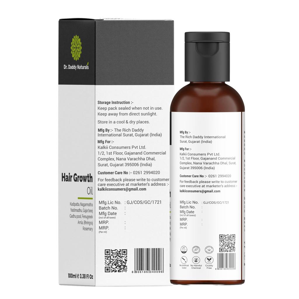Dr. Daddy Naturals Hair Growth Oil with Rosemary 100ml | Hair Fall Control and Hair Growth |18 Ayurvedic Herbs | No Chemicals,Mineral Oil and Para