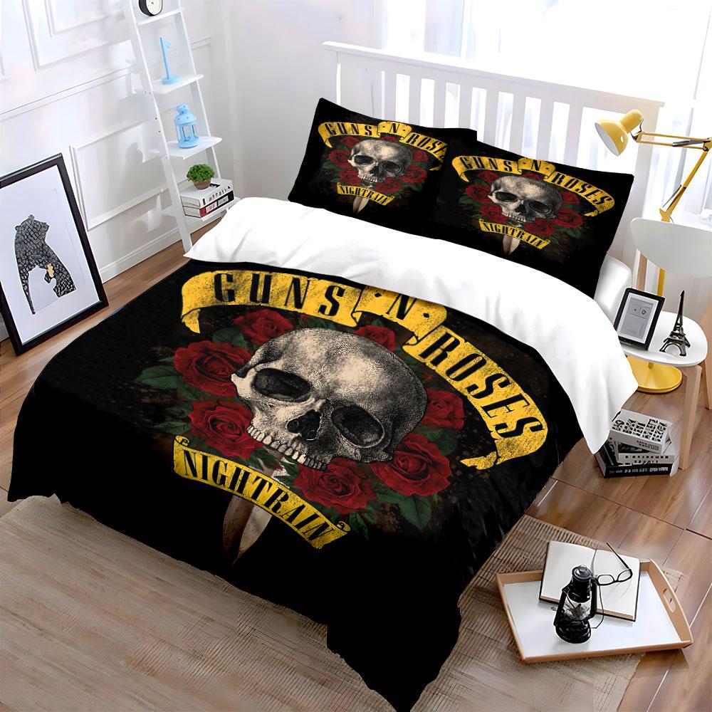 Skull & Roses Rock Bedding Set Bedding Duvet Cover Set Duvet Cover Pillowcases (1 * Duvet Cover 2 * Pillowcases, without duvet insert)