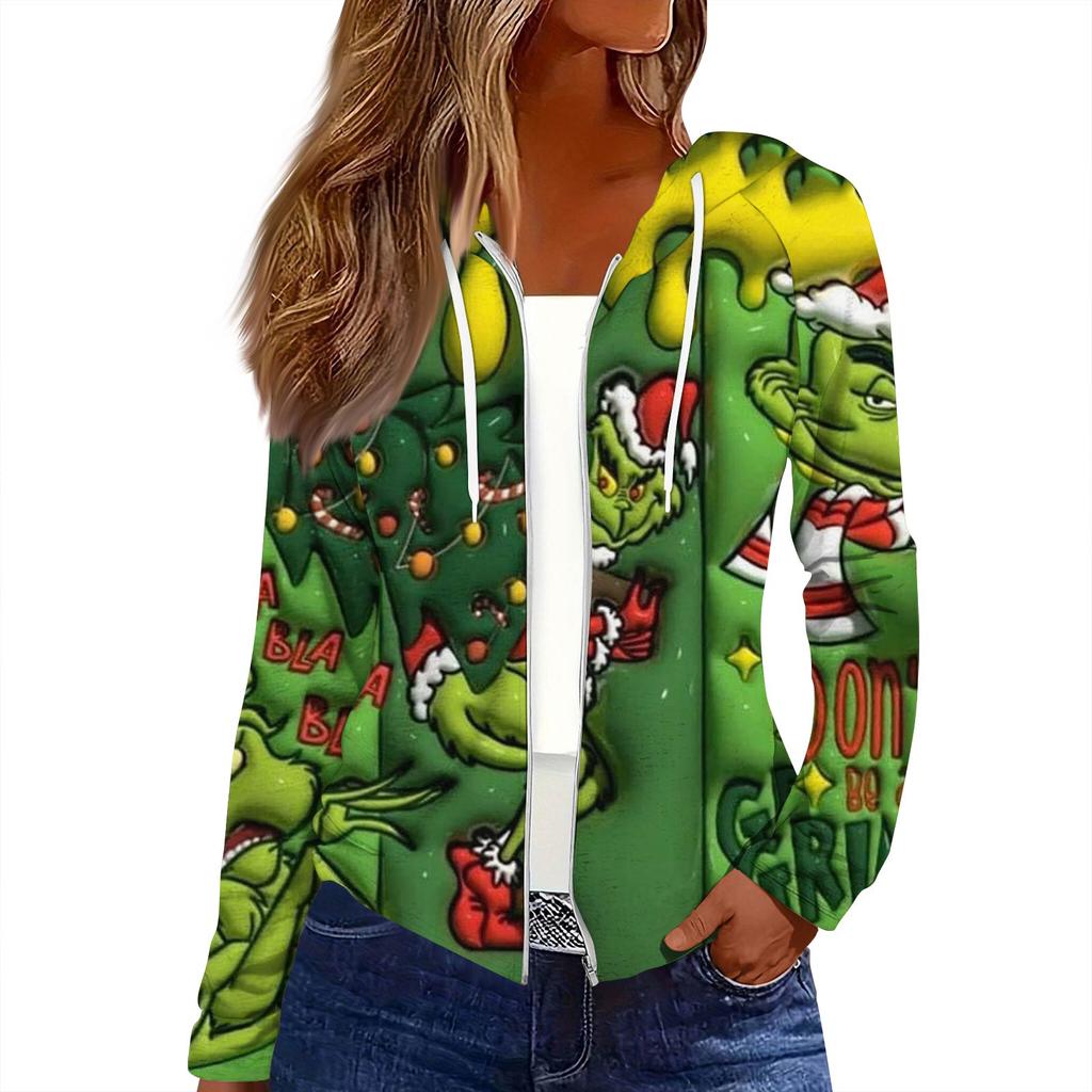 Women's Fashion Christmas Print Casual Zip-Up Long-Sleeved Hooded Jacket