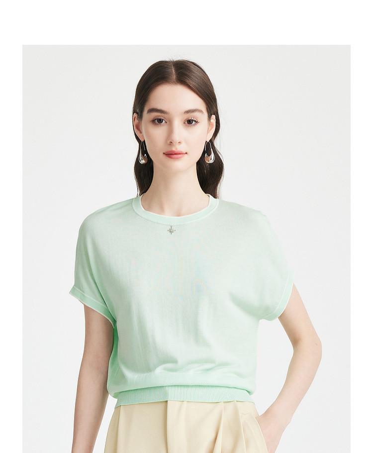 Simple and Fresh] Spring and Summer Round Neck Unique Decoration Age Reducing Daily Knitted T-shirt with Mulberry Silk for Women