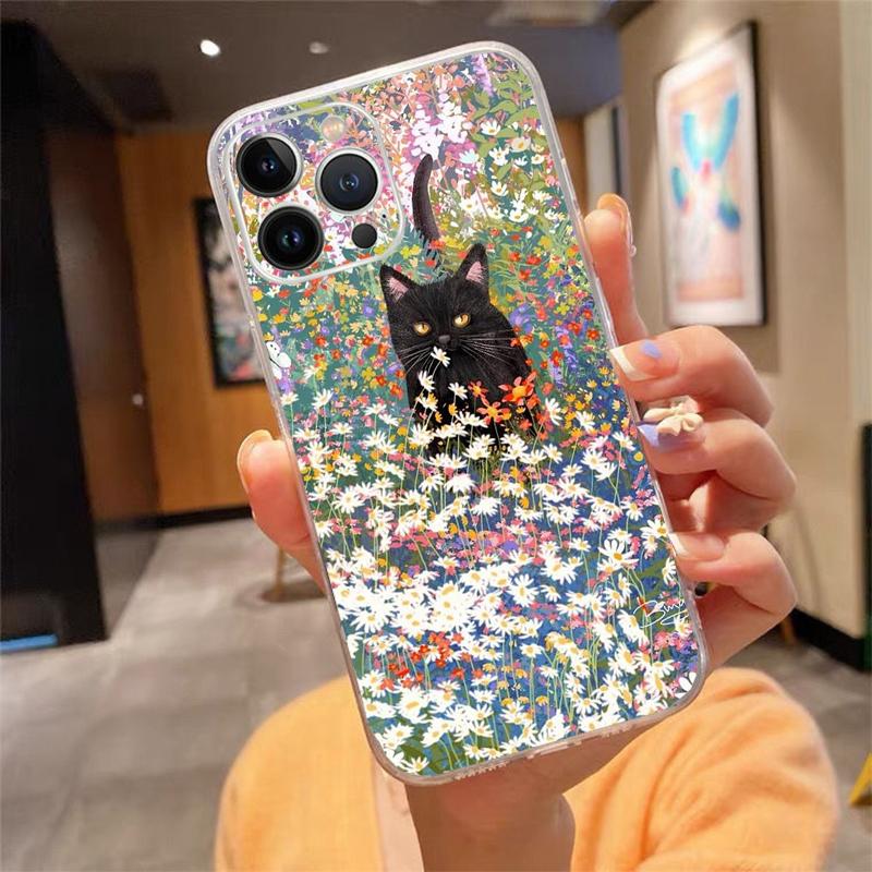 

Чехол для телефона для iphone 17 Pro Air 17ProMax 16 15 14 13 Pro Max 16 15 14 13 Pro 15Plus Черный Кот Цветочный Арт iphone 16ProMax