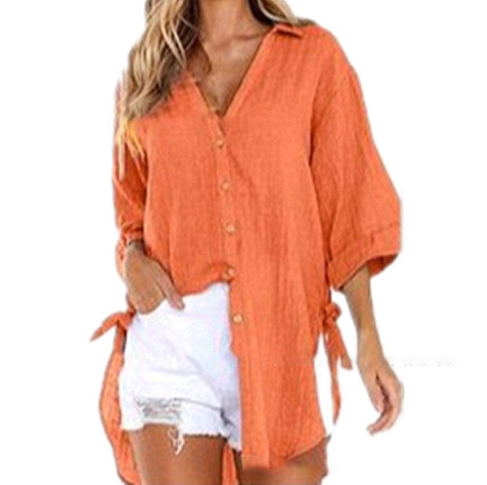 Women Casual Lace-up Button Lapel Shirt Loose Side Knotted Long Sleeve Shirt Plus Size