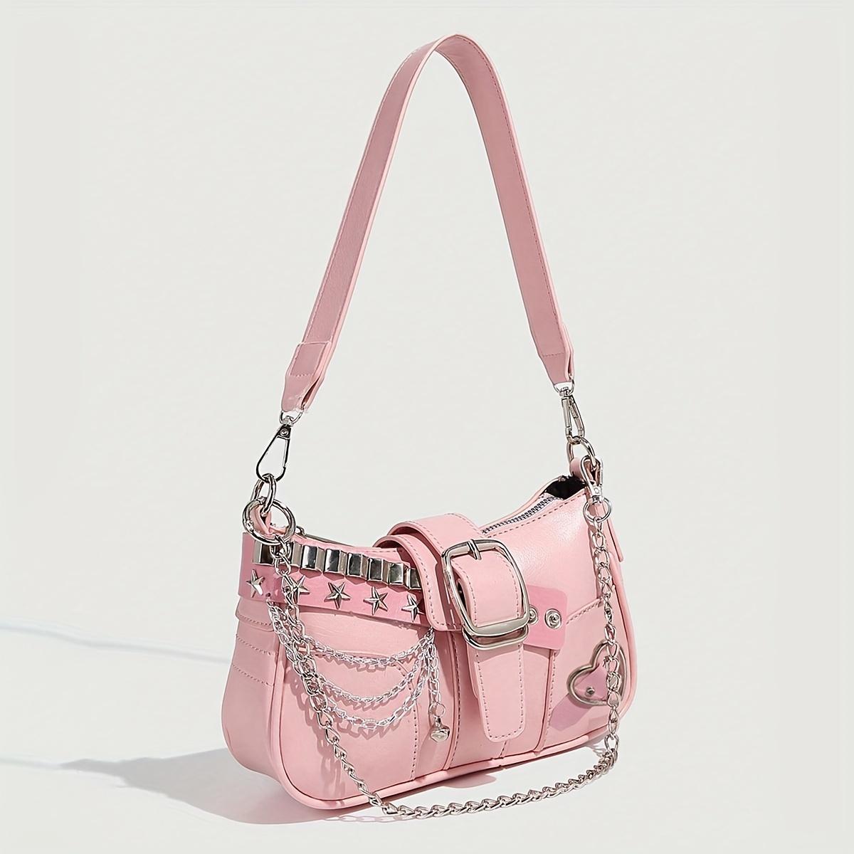 

Маленькая сумка через плечо в стиле Y2K с магнитной застежкой, полиэстеровой подкладкой, цепочкой-ремнем, дизайном в стиле панк, пастельно-розового цвета розовый