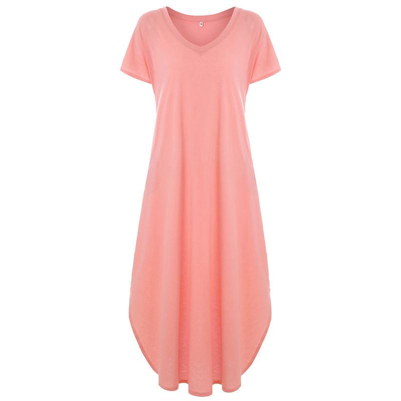 Polyester Vneck Pocket Split Long Dress For Casual Summer Wear