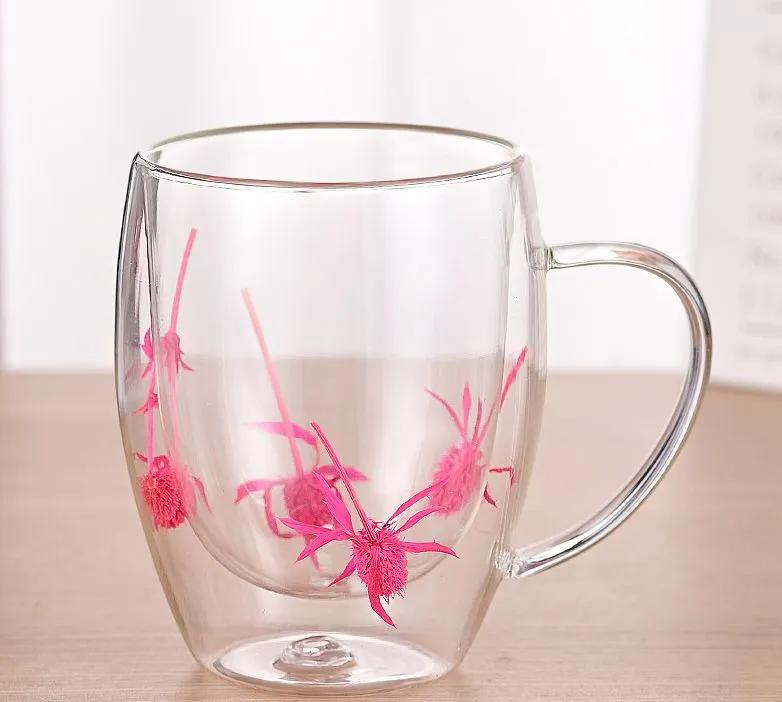 350ml Doppelwandige Glasbecher Tasse mit Trockenblumenfüllung mit Henkeln Küchenzubehör WLL2148