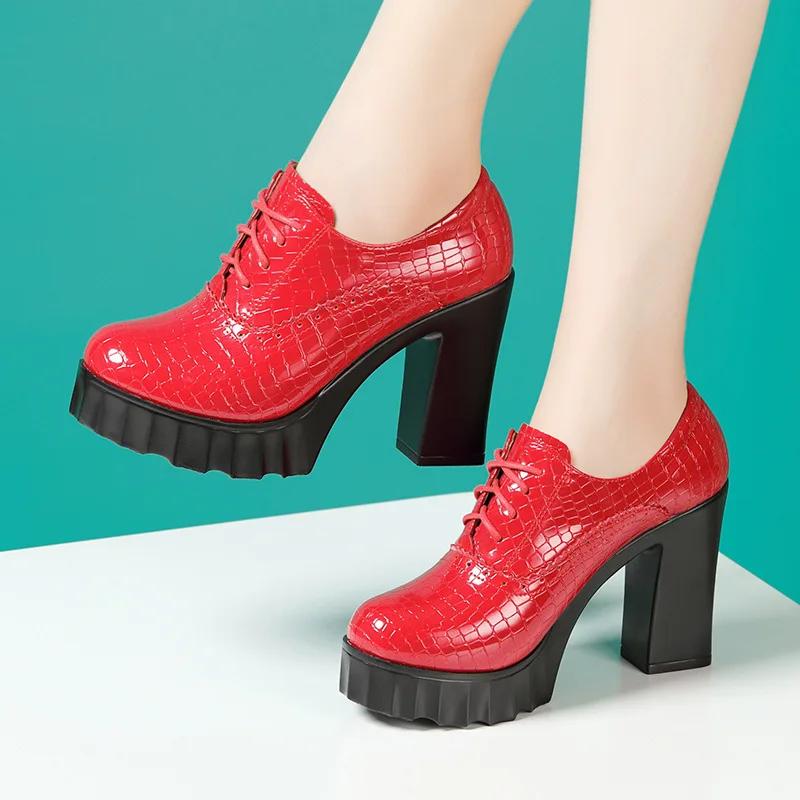 10cm Small Size 32-43 British Deep Mouth Platform Shoes Brogues Fall 2025 Block High Heels Shoes Genuine Leather Shoes Office