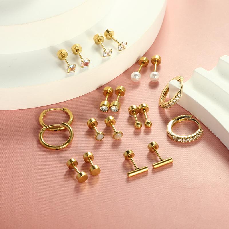 2024 Trendiges Edelstahl Zirkonia Rund Ohrring Set - Modeschmuck Auf Lager