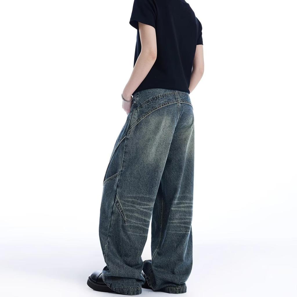 Jeans Larghi Unisex a Vita Media Deostrutturati Vestibilità Larga Vintage Americano Lavato Baggy in Denim Pantaloni Rilassati Lunghi Fino a Terra