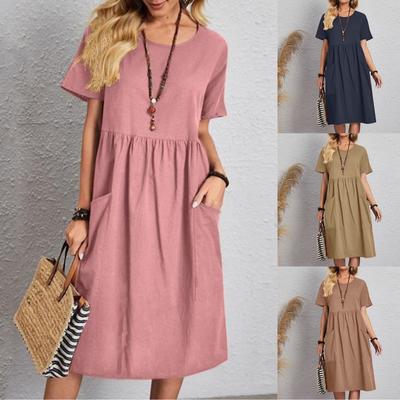 Women's Summer Cotton Linen Round Neck Raglan Sleeve Pocket Fold Loose Fit Solid Color Knee Length Dress Women