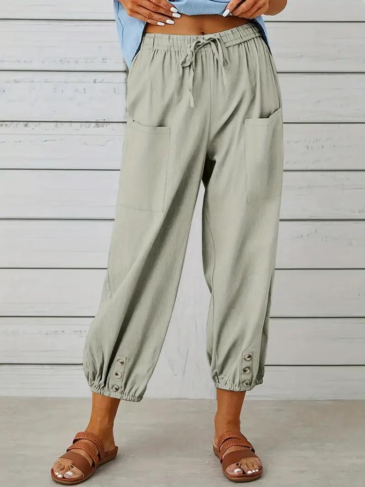 Women Capri Pants Drawstring High Waist Trousers Wide Leg Cropped Pants with Pockets