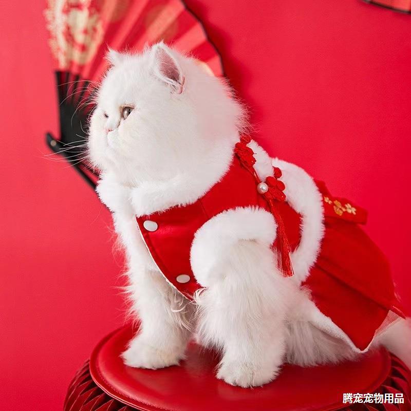 Autumn and Winter Cat Tang Suit Dress Child Kitten Puppy Dog Hanfu Skirt Chinese New Year Festive New Year Pet Dog Clothes