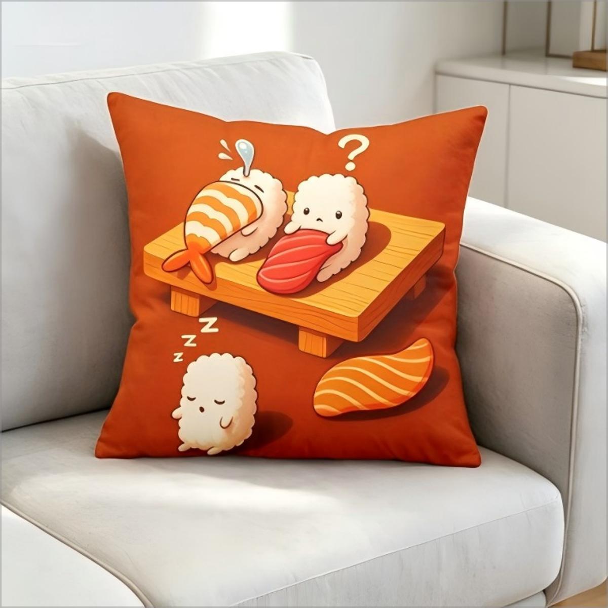 Cute Cartoon Sushi Print Throw Pillow Cover, Kawaii Japanese Food Decorative Cushion Case For Sofa Bedroom Peach skin 18*18(CM)-1Pcs