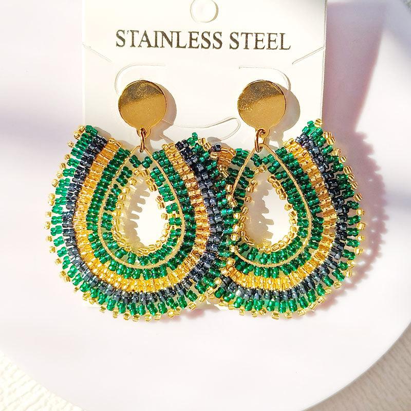 2025 New Arrival Green Bohemian Style Luxury European American Handmade Seed Bead Dangling Stud Earrings Drop Earrings зелёный