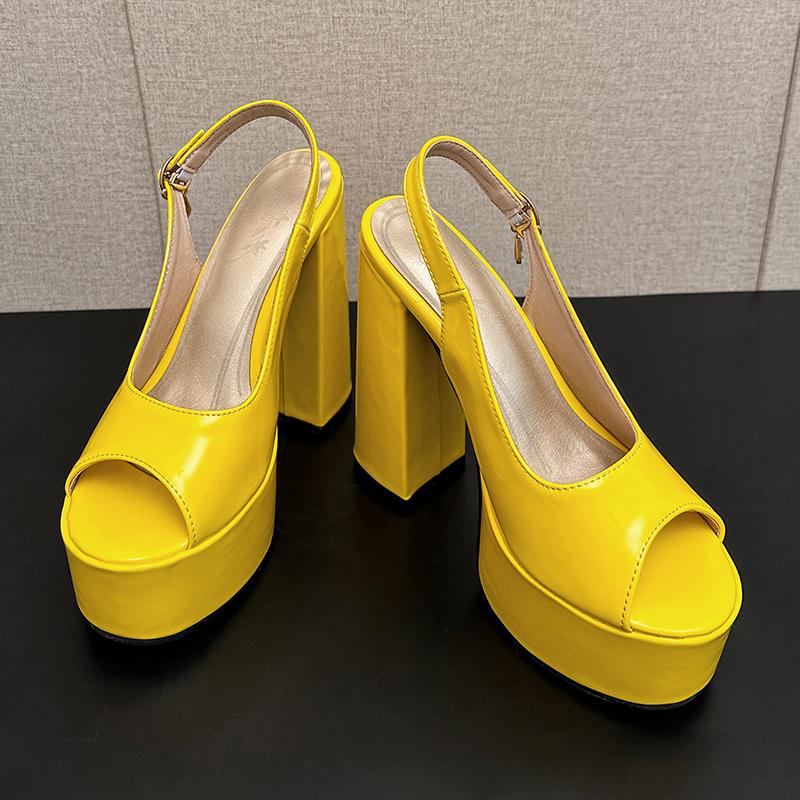 Heart-Shaped Pattern Glossy Lacquer Leather Material Peep Toe Shoes Back Strap Rhinestone Buckle High Platform Women's Sandals