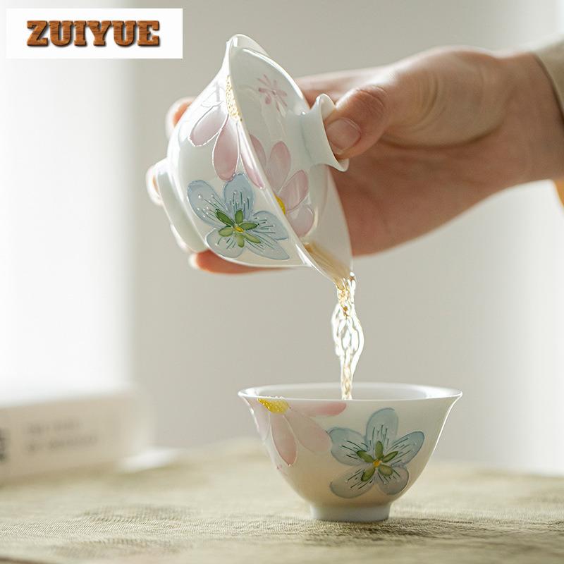 120ml Hand-painted Full Of Flowers Gaiwan Traditional Tea Tureen Tea Bowl With Lid Kit Tea Brewing Cover Bowl Teaware Decoration